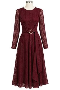 ASTR the Label Burgundy Lace Belted Long Sleeve Midi Dress - Size L